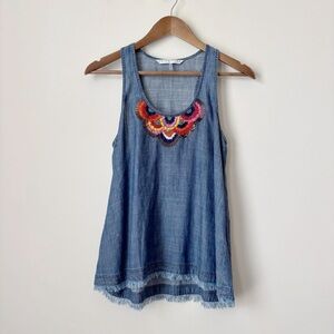 Trina Turk Chambray Tank Top Small Embroidered Beaded
